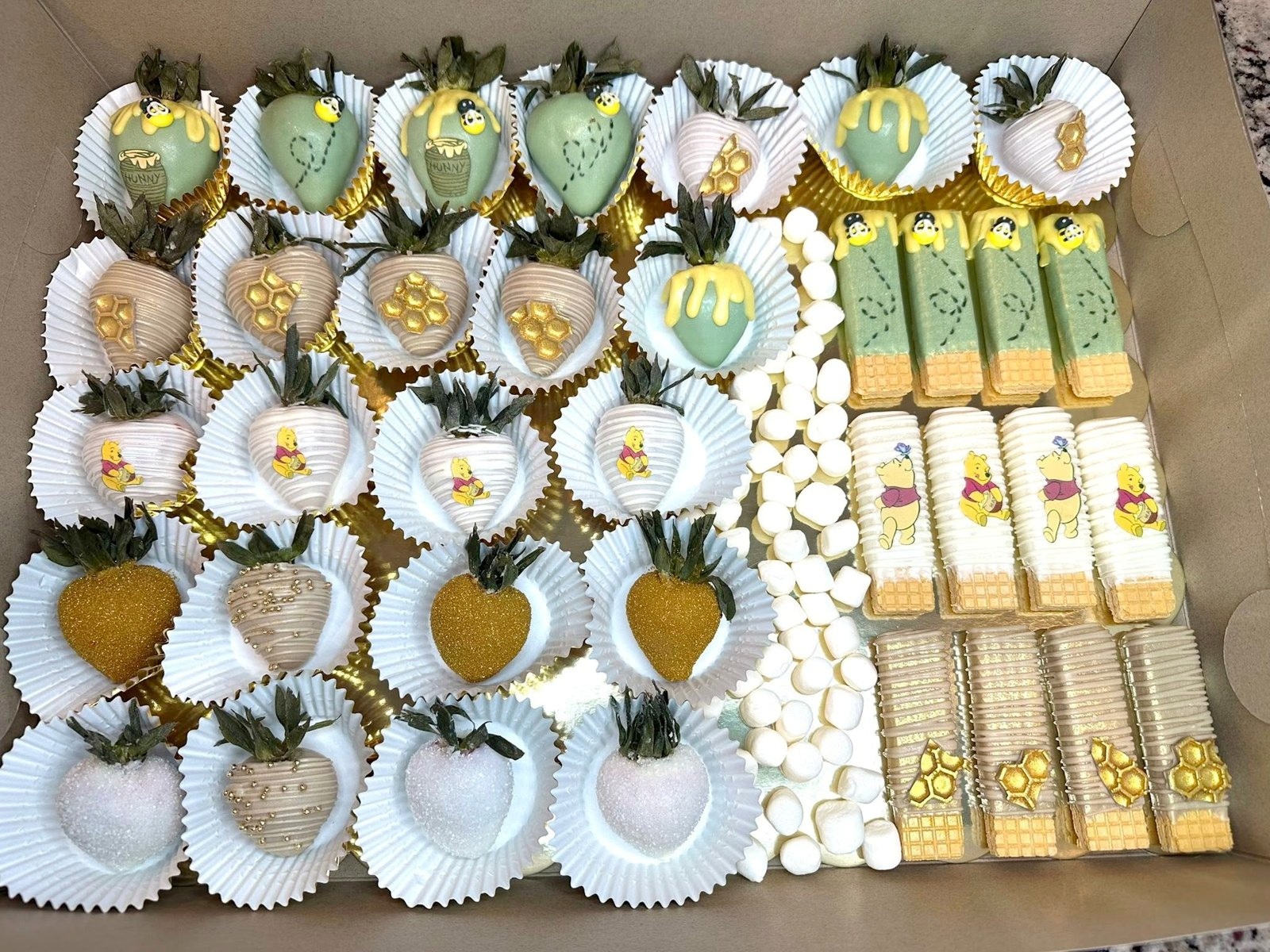 Custom chocolate covered strawberries with honeycomb and bee details by Heavenly Dipped Delights