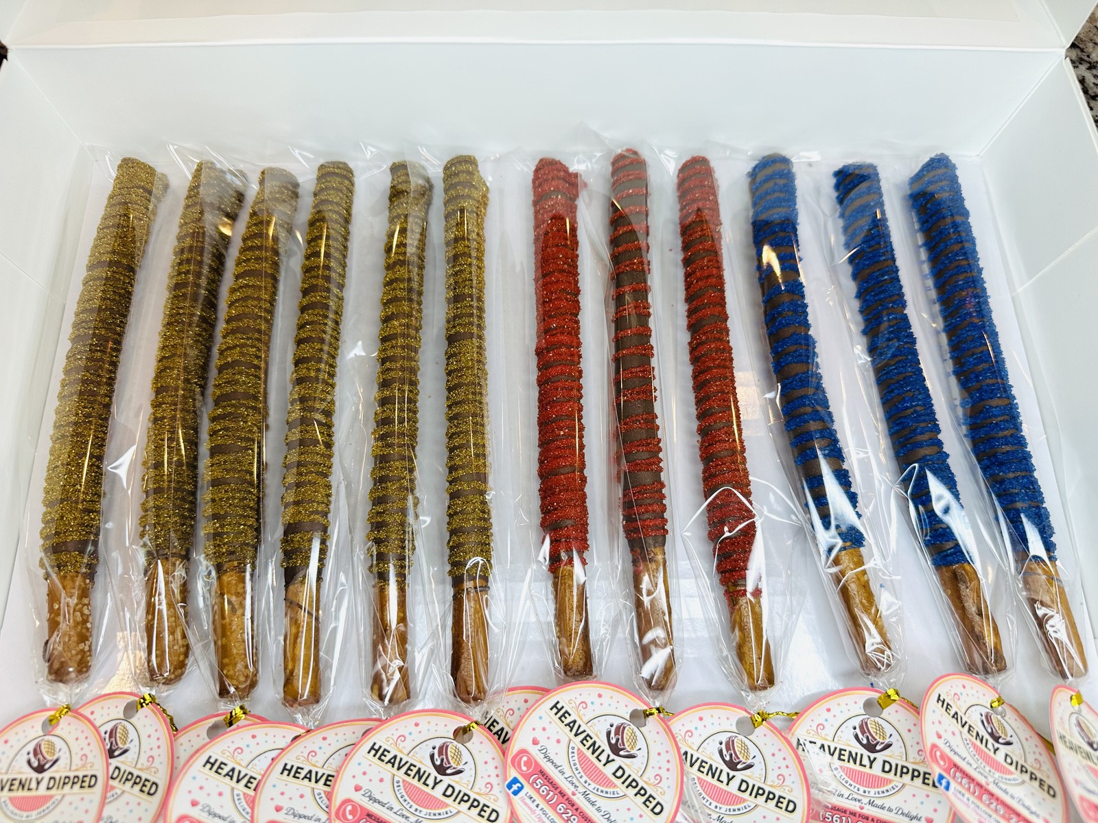 Blue and white chocolate covered pretzel assortment