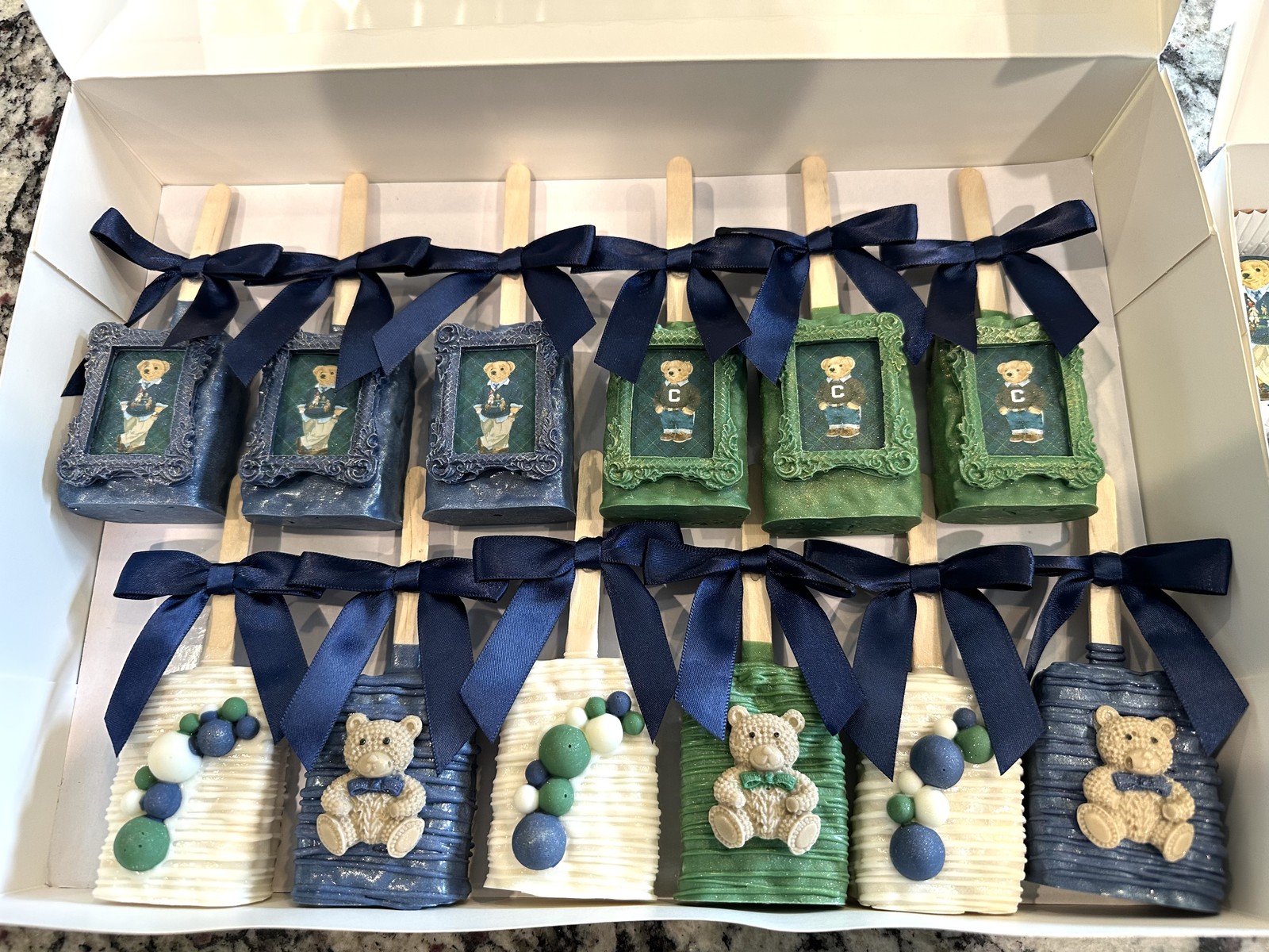 Luxury navy, ivory, and green teddy bear chocolate covered Rice Krispie treat collection with ornate framed designs